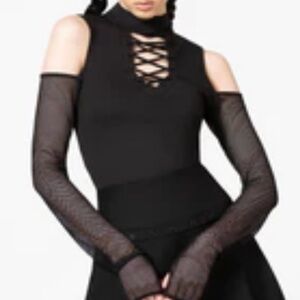 Killstar Black Lace-Up Cold-Shoulder Top with fishnet Mesh Sleeves